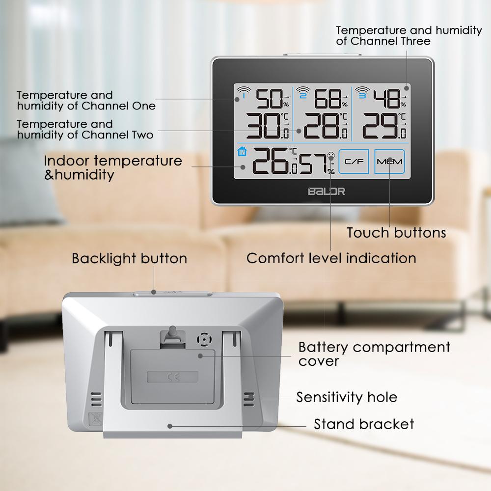 BALDR Digital Wireless Weather Station Indoor Outdoor 3 Thermo Hygrometer  Sensor