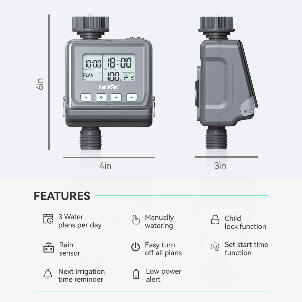 RainPoint Garden Sprinkler Watering Timer, Up to 3 Programmable Plans, Rain Delay Sensor, Smart Irrigation Timer for Garden Watering, Protected LCD Screen
