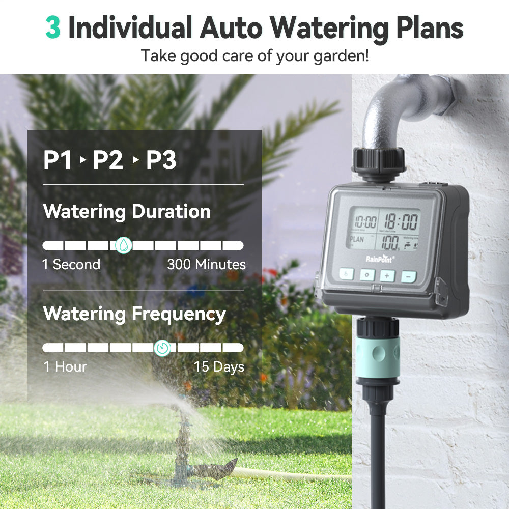 RainPoint Garden Sprinkler Watering Timer, Up to 3 Programmable Plans, Rain Delay Sensor, Smart Irrigation Timer for Garden Watering, Protected LCD Screen