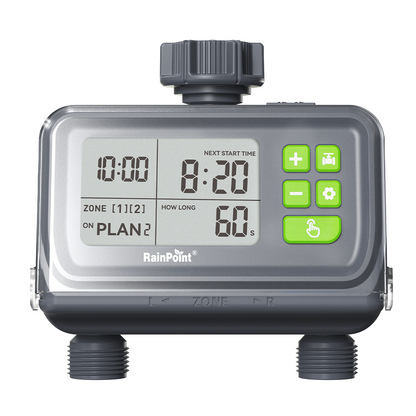 RAINPOINT 2 Zone Water Timer for Garden Hose - Sprinkler Timers with Up to 3 Programmable Plans, Rain Delay Sensor, Smart Hose Timer, Irrigation System for Garden Watering System, Protected LCD Screen