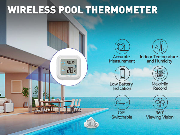 RAINPOINT Wireless Pool Thermometer - Accurate Swimming Pool and Pond Temperature Monitor with Indoor Display - Pool Sensor Displays °C Only