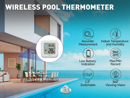 RAINPOINT Wireless Pool Thermometer - Accurate Swimming Pool and Pond Temperature Monitor with Indoor Display - Pool Sensor Displays °C Only