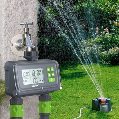 RAINPOINT 2 Zone Water Timer for Garden Hose - Sprinkler Timers with Up to 3 Programmable Plans, Rain Delay Sensor, Smart Hose Timer, Irrigation System for Garden Watering System, Protected LCD Screen