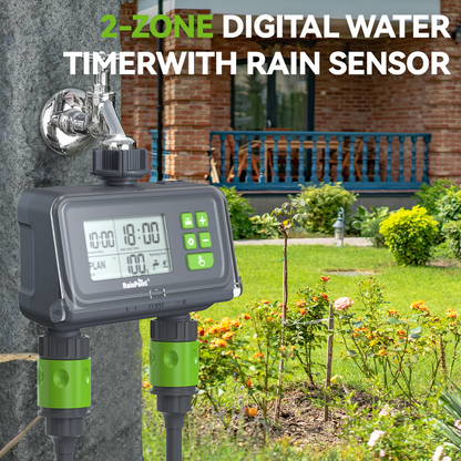 RAINPOINT 2 Zone Water Timer for Garden Hose - Sprinkler Timers with Up to 3 Programmable Plans, Rain Delay Sensor, Smart Hose Timer, Irrigation System for Garden Watering System, Protected LCD Screen