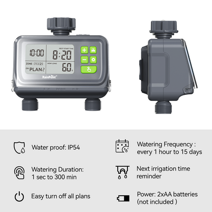 RAINPOINT 2 Zone Water Timer for Garden Hose - Sprinkler Timers with Up to 3 Programmable Plans, Rain Delay Sensor, Smart Hose Timer, Irrigation System for Garden Watering System, Protected LCD Screen