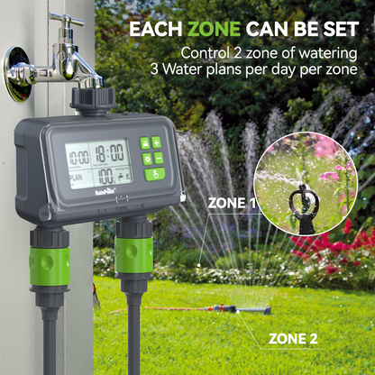 RAINPOINT 2 Zone Water Timer for Garden Hose - Sprinkler Timers with Up to 3 Programmable Plans, Rain Delay Sensor, Smart Hose Timer, Irrigation System for Garden Watering System, Protected LCD Screen