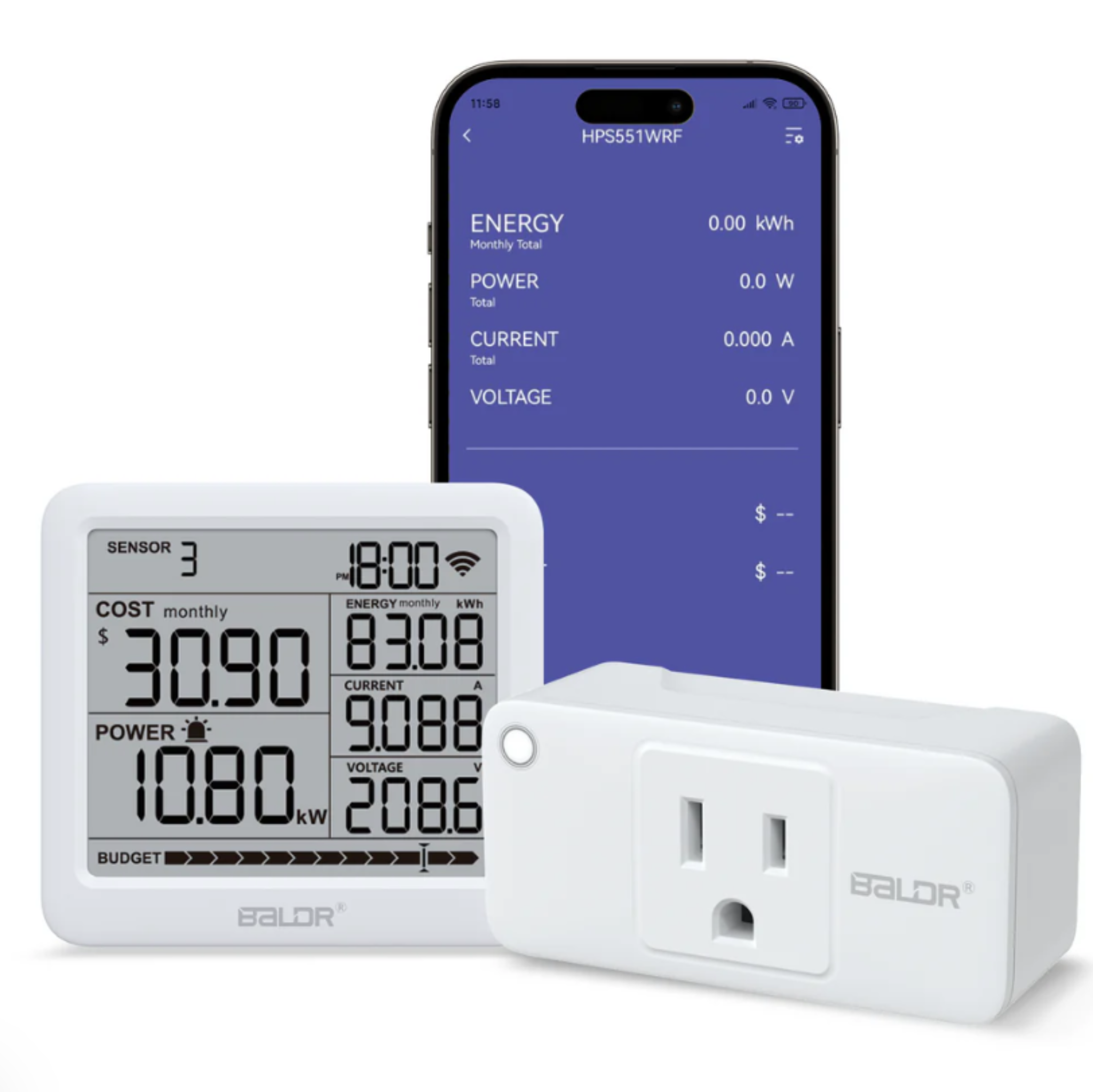 BALDR Wi-Fi Power Meter Hub with One Smart Socket - Remotely Monitor Energy Consumption, Set Tariffs & Budget Alerts - Expandable Energy Monitoring System for Multiple Appliances, 2.4GHZ wifi Network Only