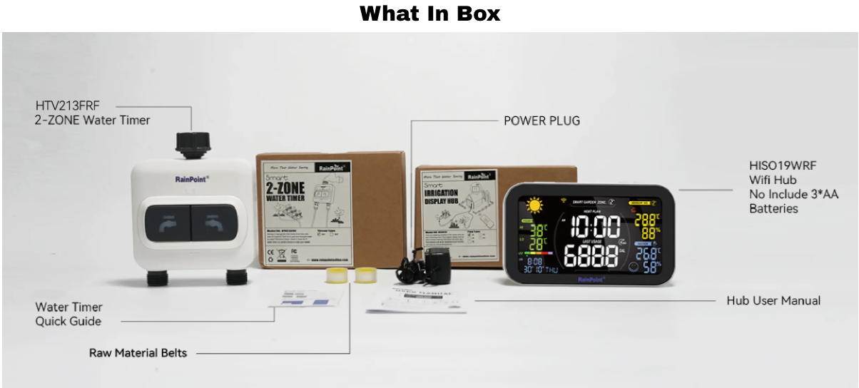 RAINPOINT 2-Zone WiFi Sprinkler Timer, Automatic Water Garden Irrigation System, 2.4GHz Wi-Fi App Controlled, Bundle with LCD Irrigation Display Hub