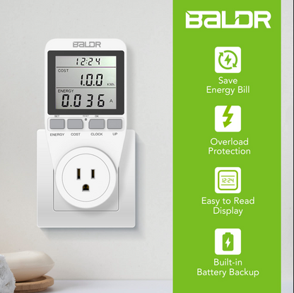 BALDR Eco Power Socket US Meter - Counts Kw Per Hour - Plugs into Appliances, Measure Your Energy Usage - Cut Down on Costs