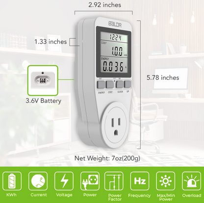 BALDR Eco Power Socket US Meter - Counts Kw Per Hour - Plugs into Appliances, Measure Your Energy Usage - Cut Down on Costs