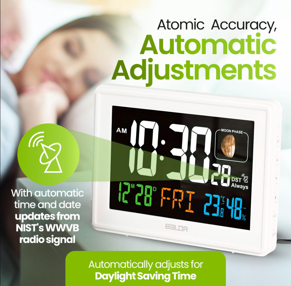 BALDR Atomic Alarm Clock - Large Color Display Digital Desk Clock with Indoor Thermometer, Humidity Sensor, and Real-Time Moon Phases