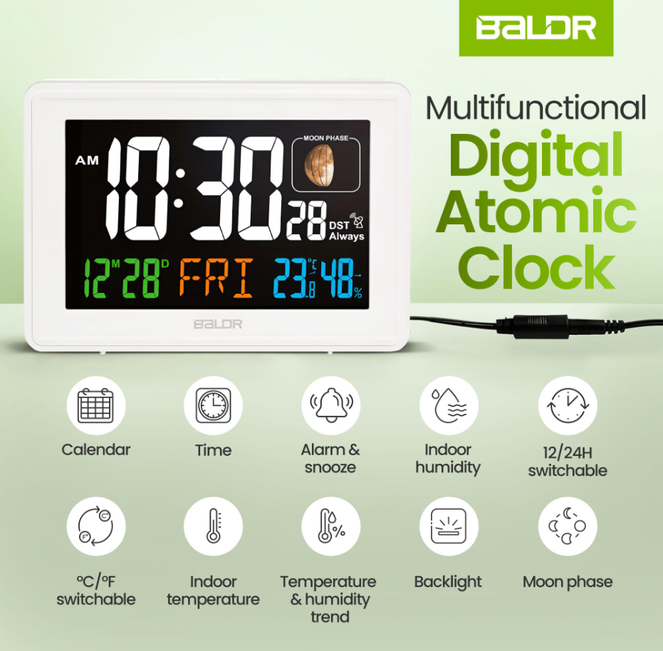 BALDR Atomic Alarm Clock - Large Color Display Digital Desk Clock with Indoor Thermometer, Humidity Sensor, and Real-Time Moon Phases