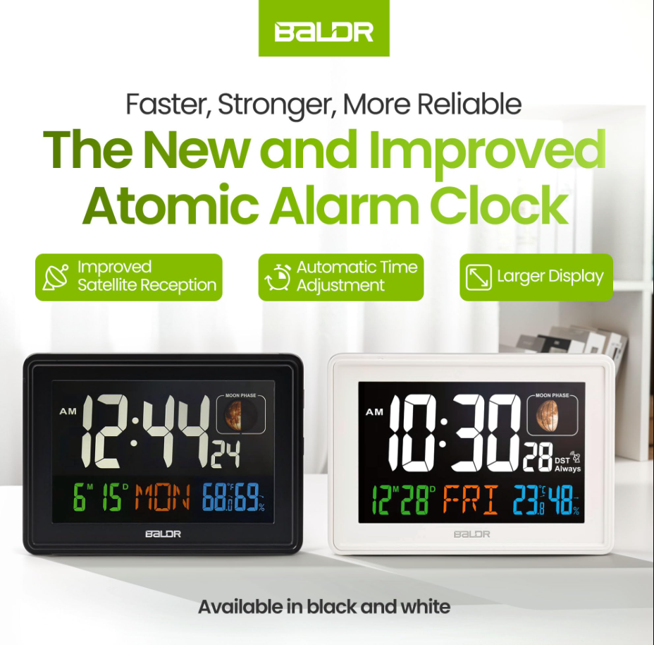 BALDR Atomic Alarm Clock - Large Color Display Digital Desk Clock with Indoor Thermometer, Humidity Sensor, and Real-Time Moon Phases