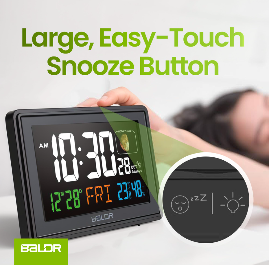 BALDR Atomic Alarm Clock - Large Color Display Digital Desk Clock with Indoor Thermometer, Humidity Sensor, and Real-Time Moon Phases