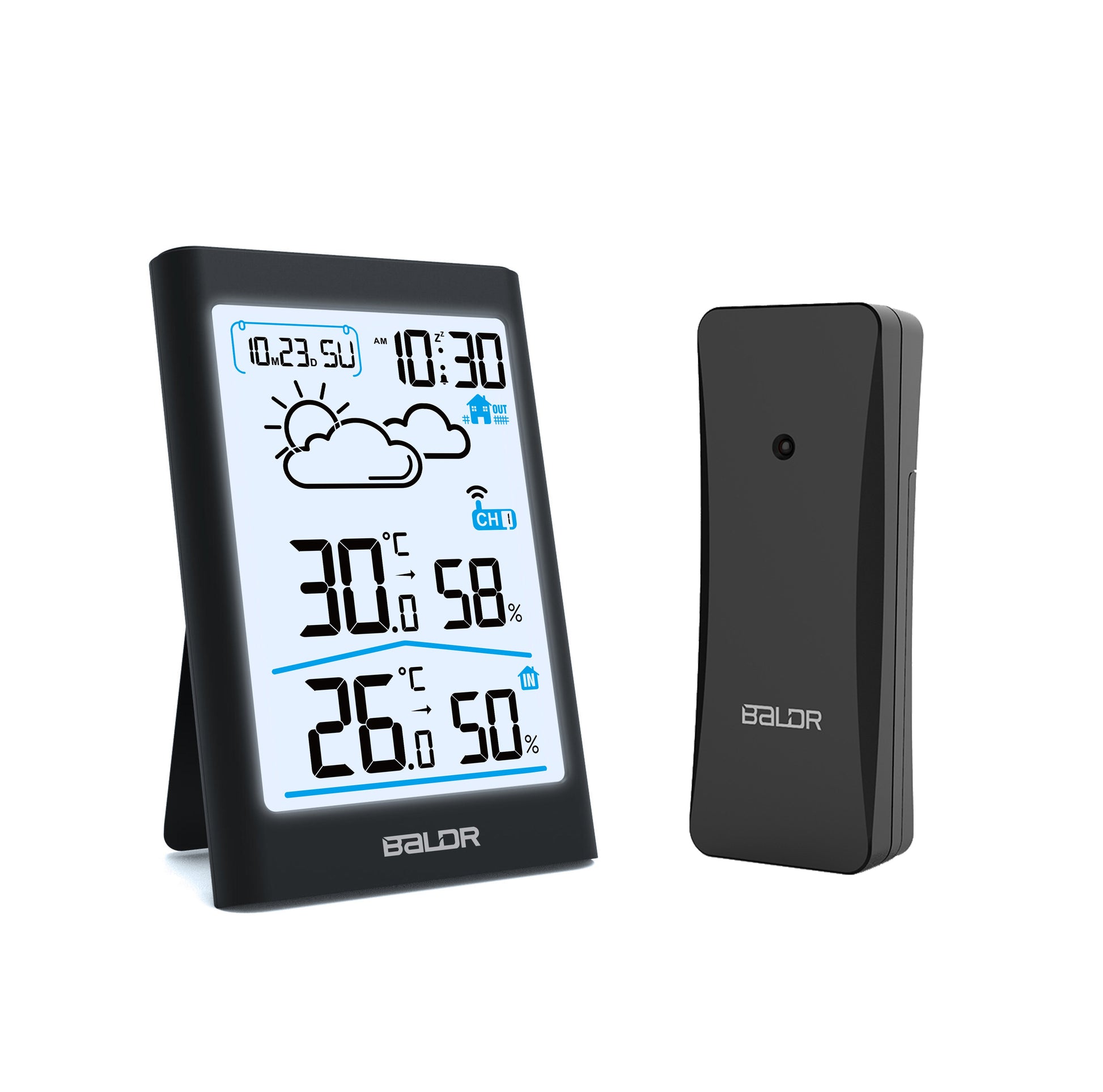 BALDR Wireless Thermometer Weather Station- Home Wireless Weather Stations  for Indoor & Outdoor Uses - with Temperature Monitor, Humidity Gauge, Time  & Date Display, White Blacklight LCD (Black)