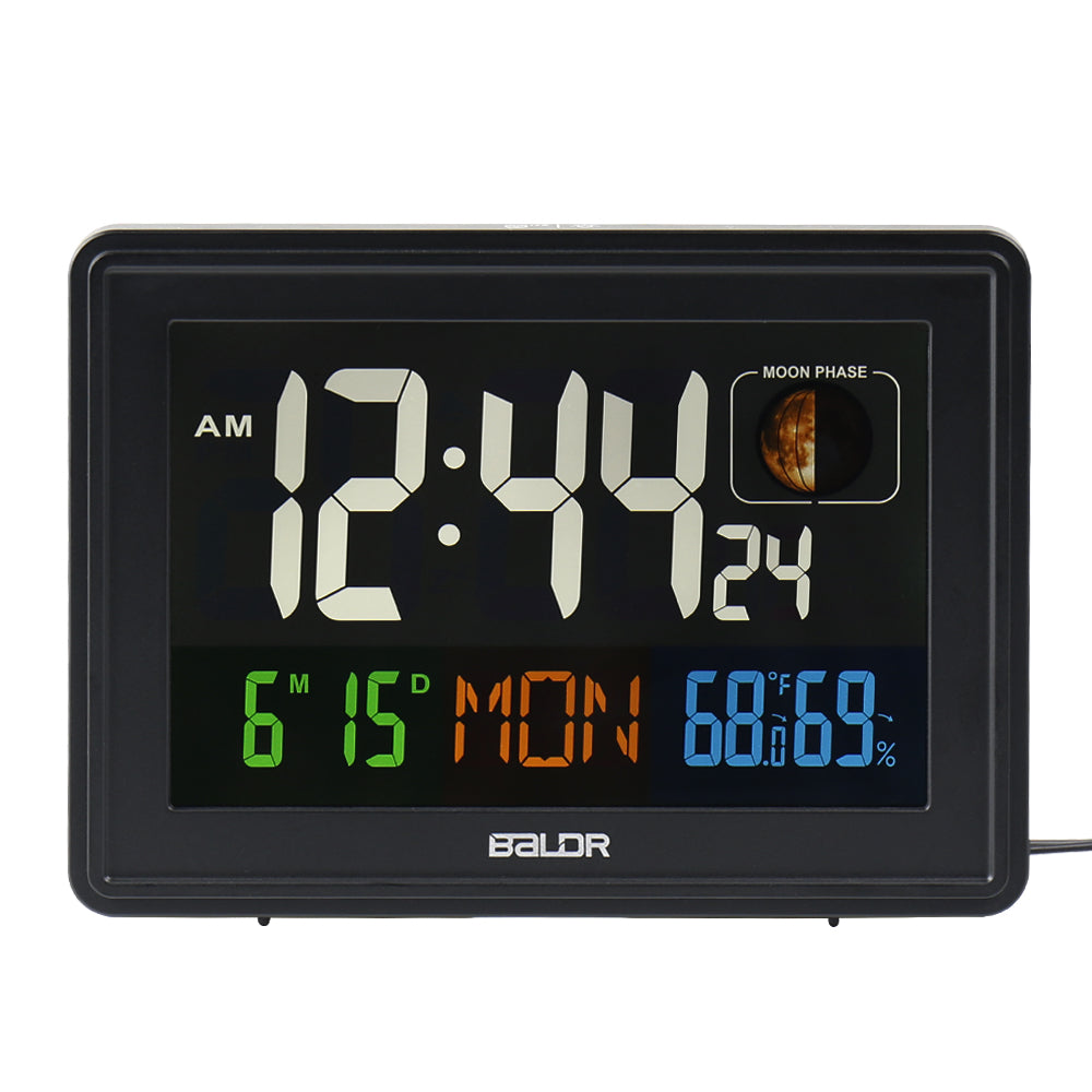 BALDR Atomic Alarm Clock - Large Color Display Digital Desk Clock with Indoor Thermometer, Humidity Sensor, and Real-Time Moon Phases